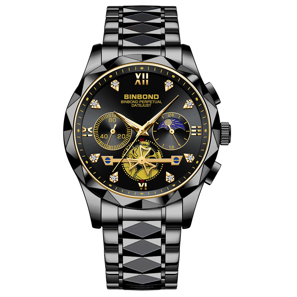 Mens Watch Diamond Big Face Stainless Steel Luxury Business Dress Date Day Wrist Watch Waterproof Luminous Multifunctional Quartz Watch - Acquisti Online
