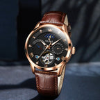 OLEVS Men's Watch Luxury Mechanical Wristwatch Men Leather Strap Waterproof Luminous Double Calendar Hollow Flywheel Automatic Mechanical Watch