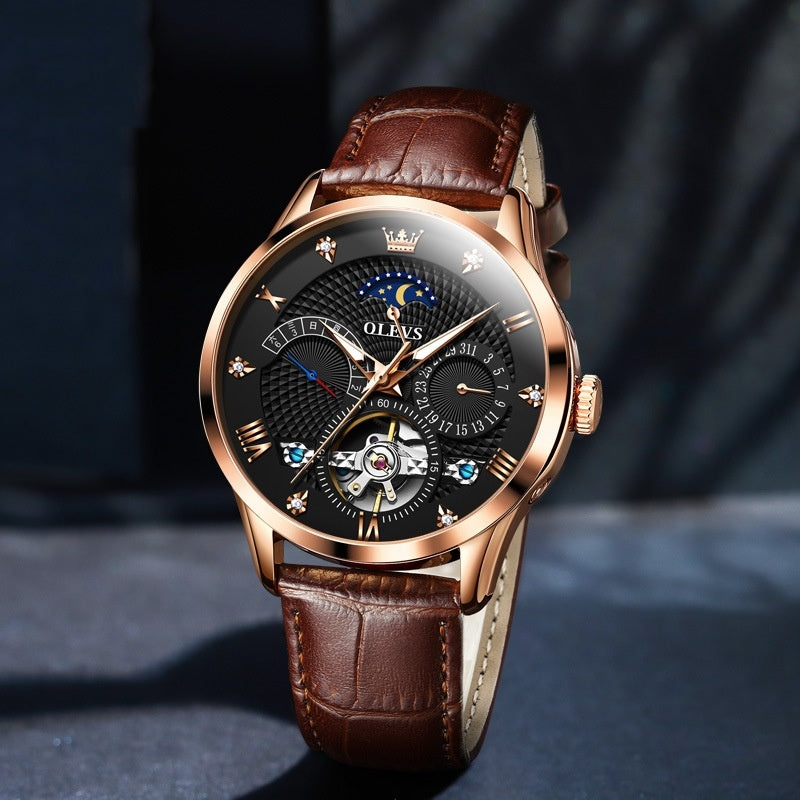 OLEVS Men's Watch Luxury Mechanical Wristwatch Men Leather Strap Waterproof Luminous Double Calendar Hollow Flywheel Automatic Mechanical Watch