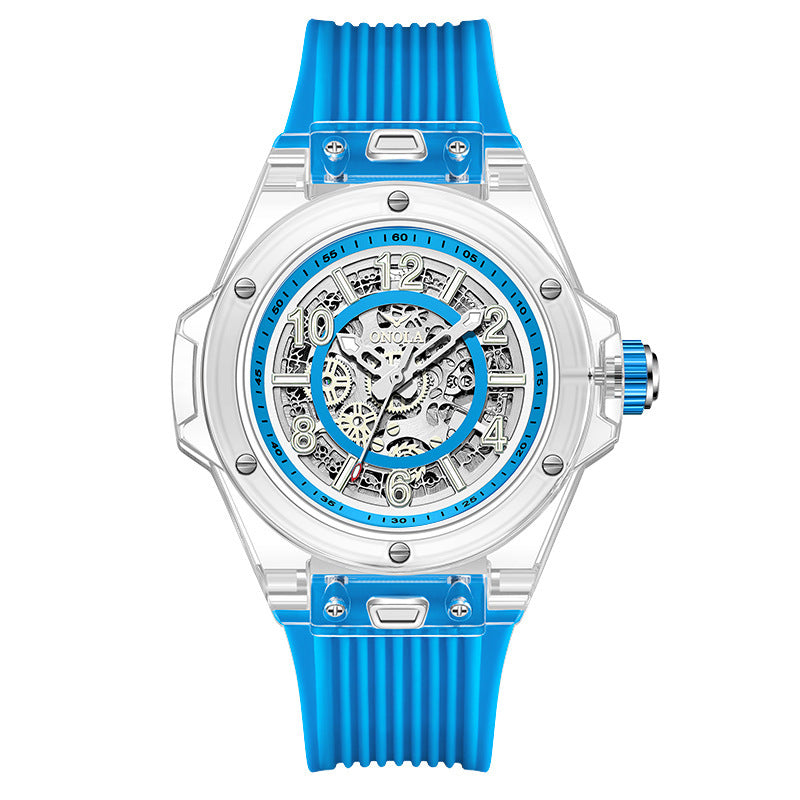 Orologio meccanico automatico da uomo che unisce l'ingegneria di precisione a un design elegante e trasparente. Orologio con cinturino in gomma.