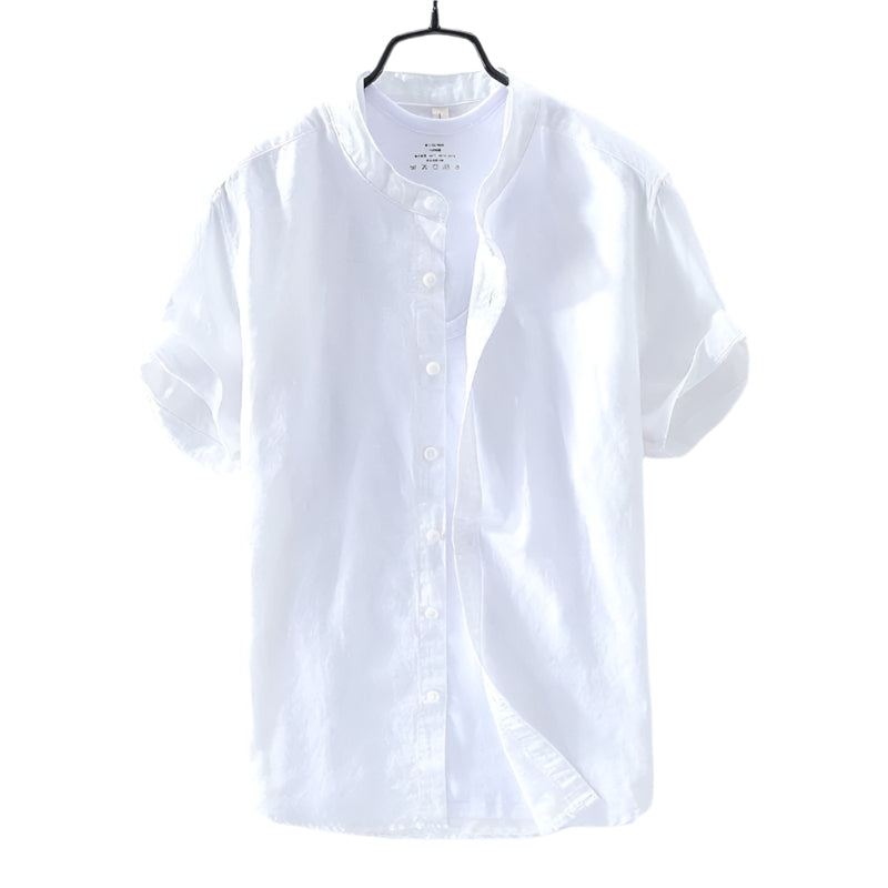 Men's Casual Shirts Linen Blank Short Sleeve Thin and Breathable Cotton Shirt Fashionable Men's Up-to-Neck Shirt