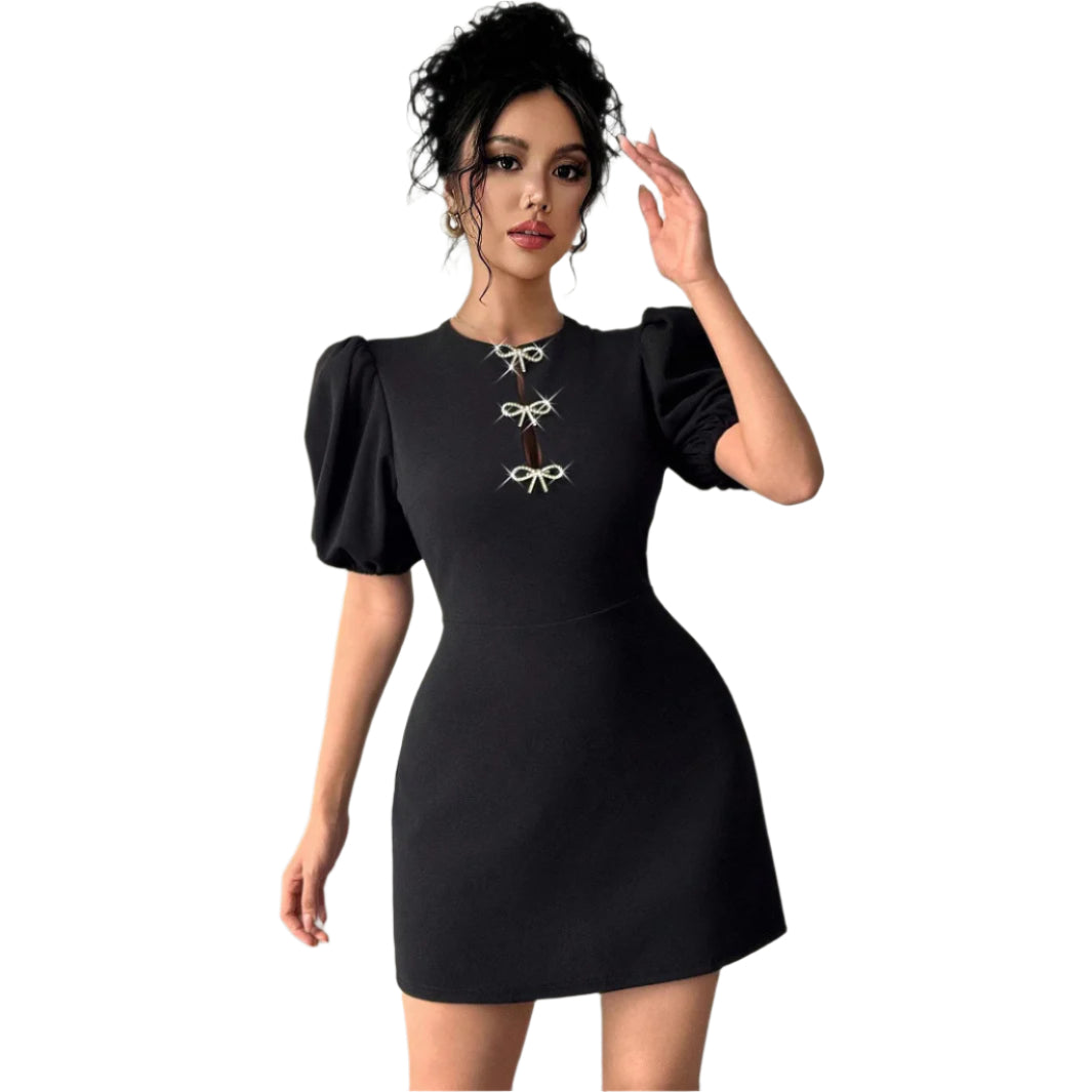 Women's Fashionable Round Neck Hollow Crystal Puff Sleeve Waist-tight  Women Dress Short Sleeve Women's Dress