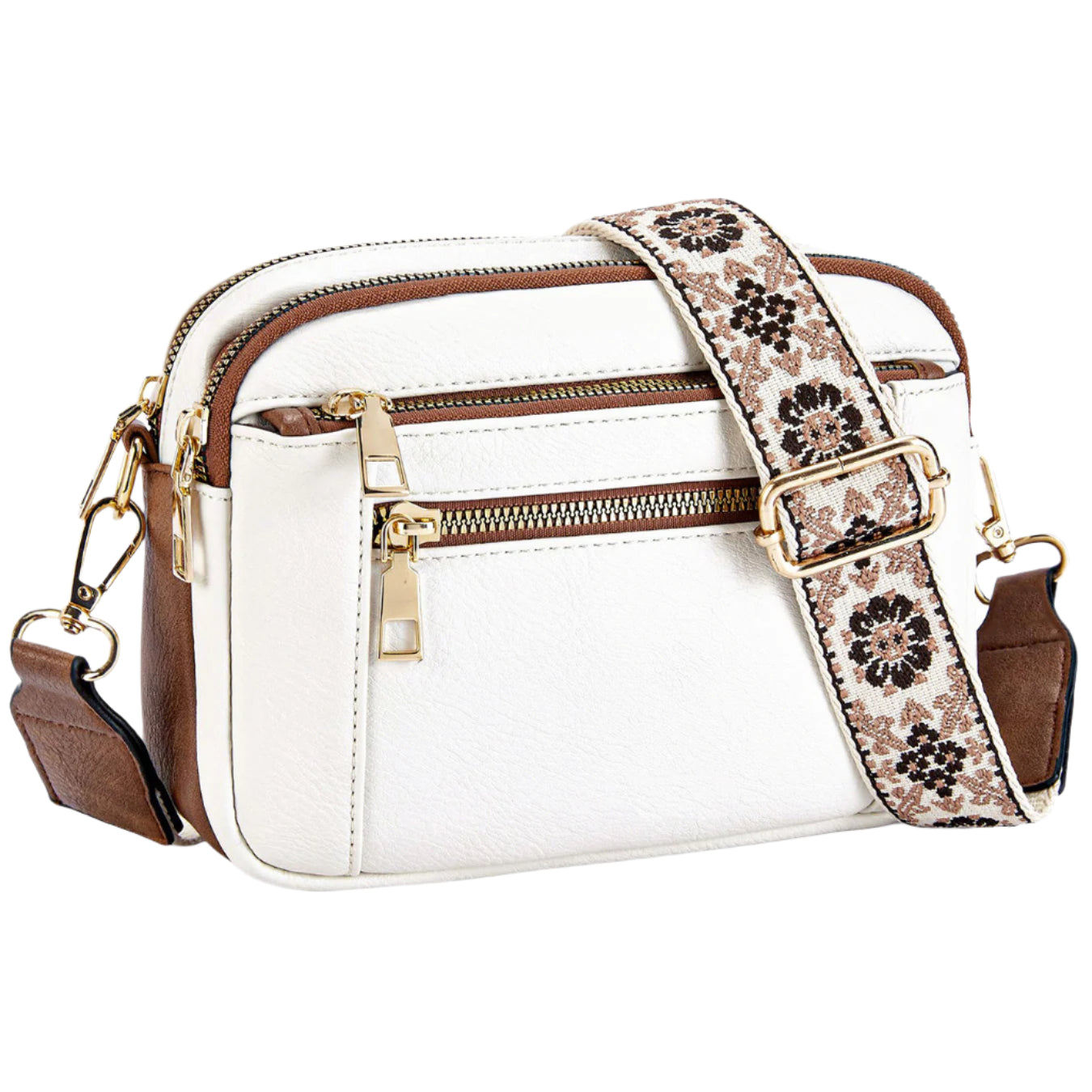 Women's Crossbody Purse Shoulder Bag PU Leather Small Square Triple zipper Floral Embroidered Straps Women Crossbody Bags - Acquisti Online