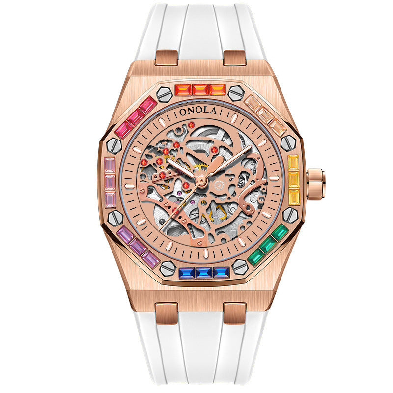 Orologio meccanico automatico da uomo con cinturino in silicone e diamanti arcobaleno