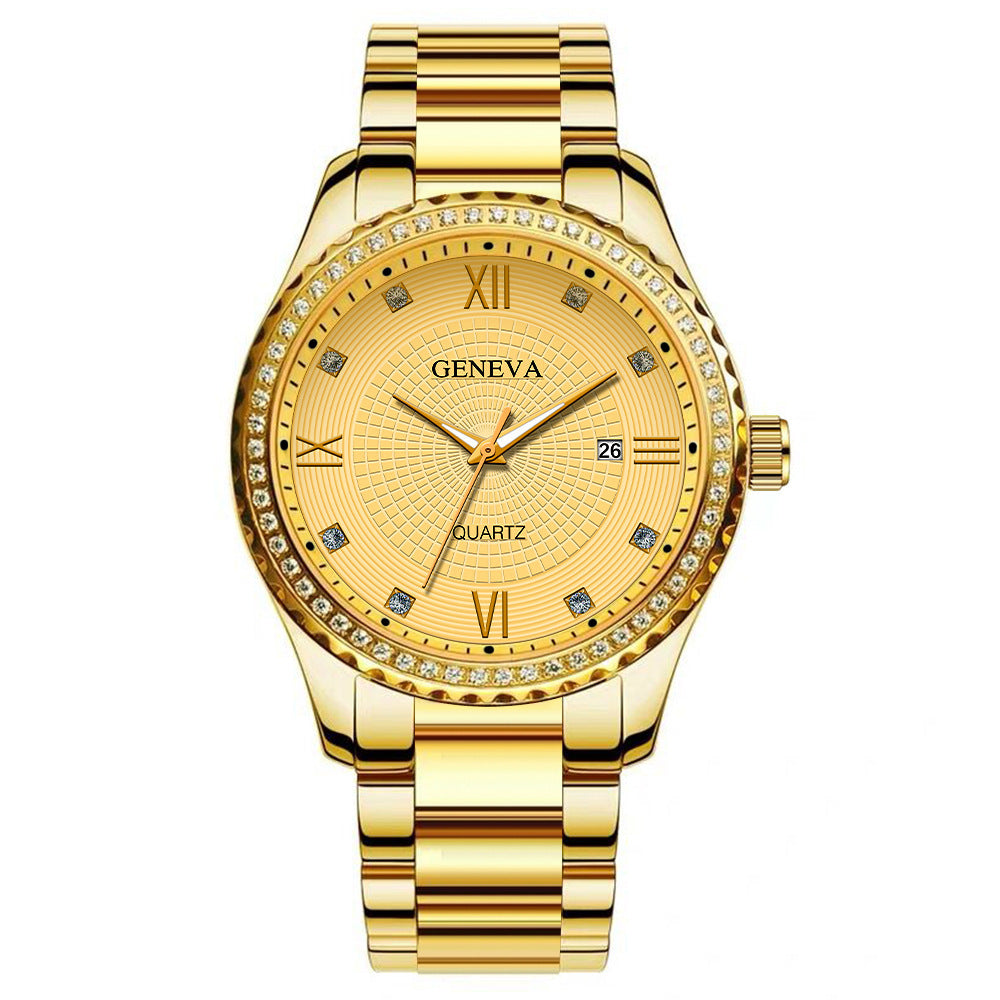 Genève Nieuwe Romeinse Schaal Heren Diamant vervaardigd Kalender Stalen Band Quartz Horloge Roestvrij Staal Heren Quartz Horloge