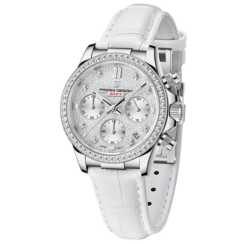PAGANI Design Luxe Dames Quartz Horloge Leren Riem Rhionstone Gemaakt Waterdicht Chronograaf Dameshorloge