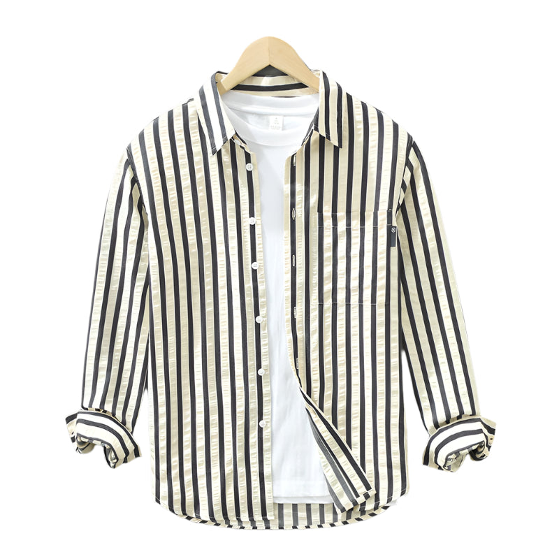 Camicia casual alla moda da uomo in fibra di poliestere tinta unita a righe verticali, a maniche lunghe, ampia, da uomo