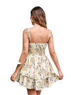 Zomerse bloemenprint halter geplooide gelaagde geplooide off-shoulder damesjurk