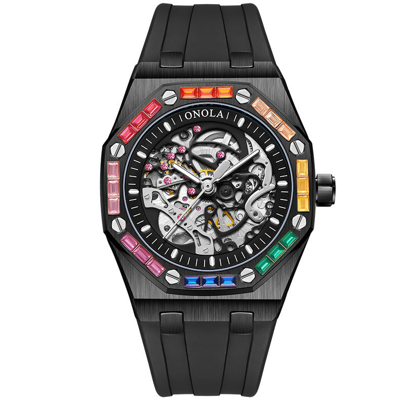 Orologio meccanico automatico da uomo con cinturino in silicone e diamanti arcobaleno