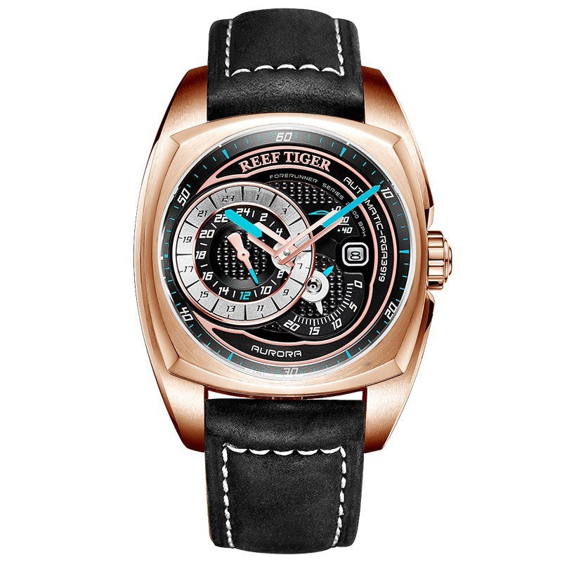 Orologio sportivo da uomo di alta qualità REEF TIGER, impermeabile, con cinturino in vera pelle, multifunzione, RGA3319, orologio meccanico automatico