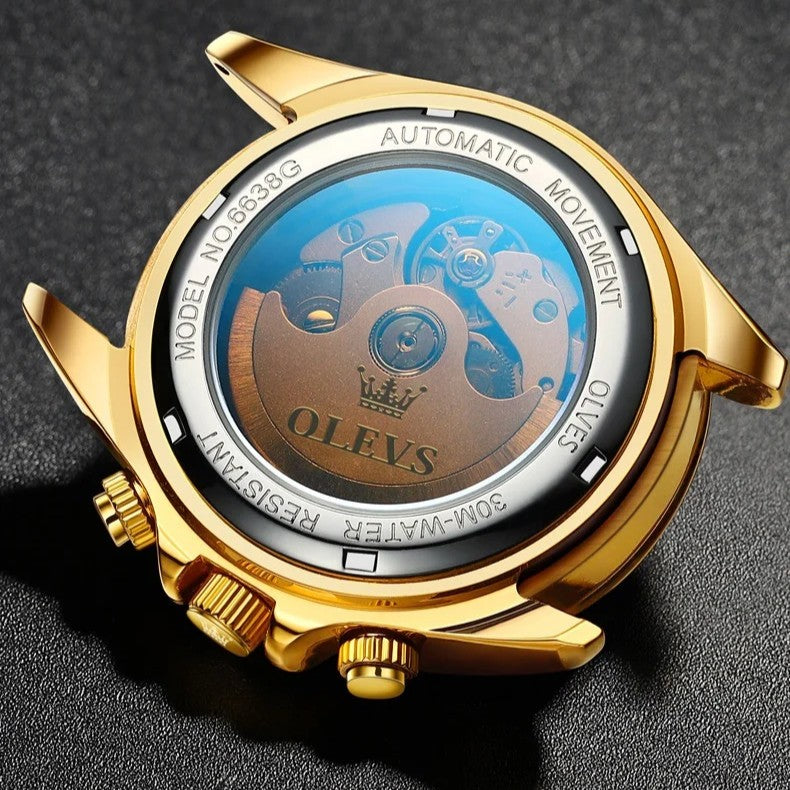 Olevs Orologio da uomo sportivo casual automatico con cinturino in acciaio color oro