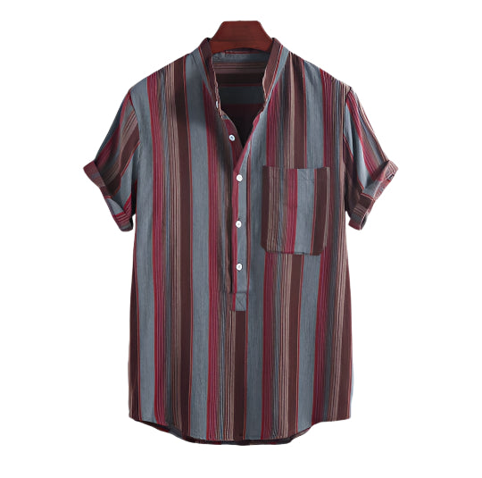 Men's Fashionable Shirt Stand-Up Collar Long Sleeve Explosion Style Lapel Printed Stripes Men's Hawaiian Shirt