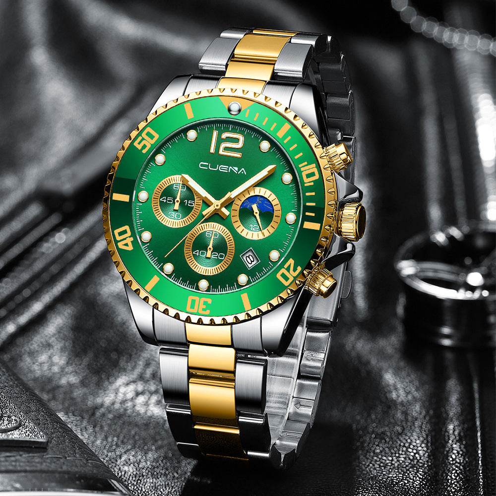 Orologio da uomo casual elegante con movimento automatico al quarzo, cinturino in acciaio, sei lancette e impermeabile