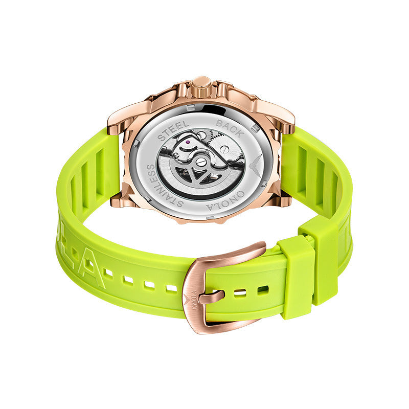 ONOLA Men Automatic Mechanical Watch Lucky Grass Luxury Hollow Out Dial Waterproof Silicone Band Mechanical Watch