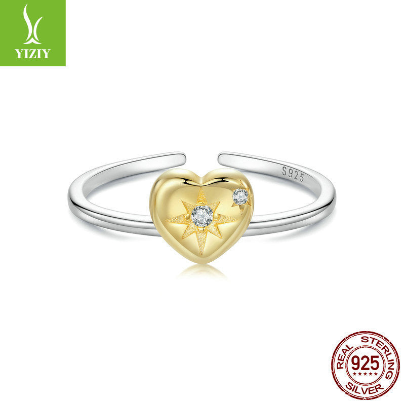 Original Couple's 18K Gold Plated Love Splicing Open Ring Starry Heart s925 Pure Silver Ring