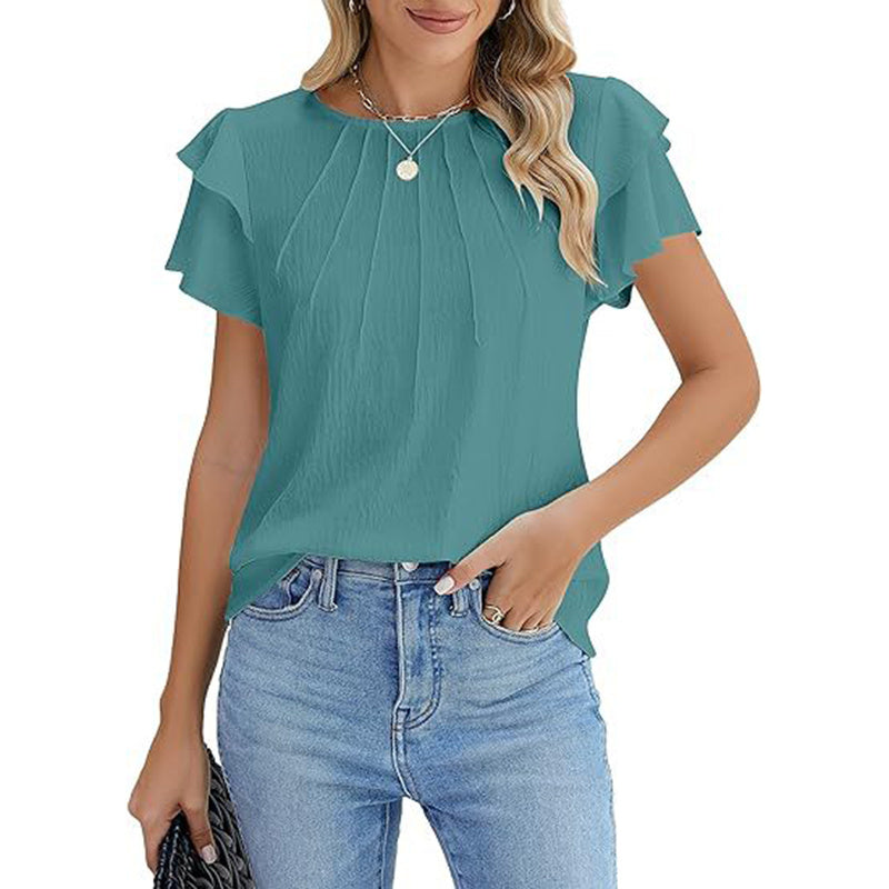 Women's Ruffle Short Sleeve Shirts Solid Color Round Neck Short Sleeve Fashion Casual Fashionable Women Dress - Acquisti Online