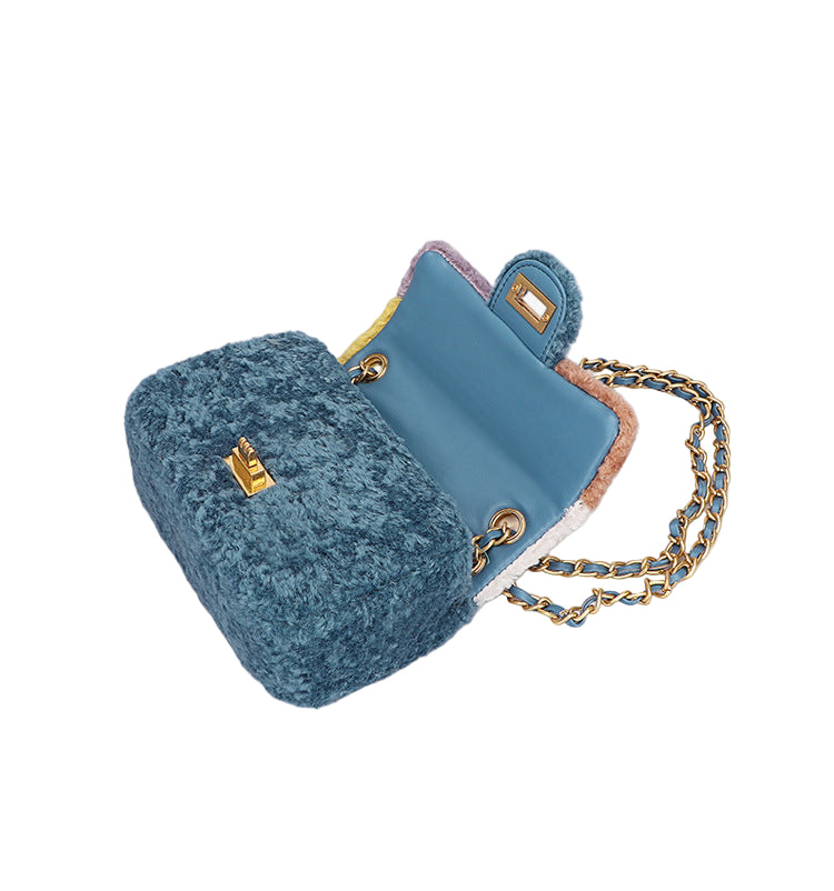 Women's Fashionable Faux Wool Shoulder Messenger Crossbody Handbag for Ladies Combination Color Women's Shoulder Bag