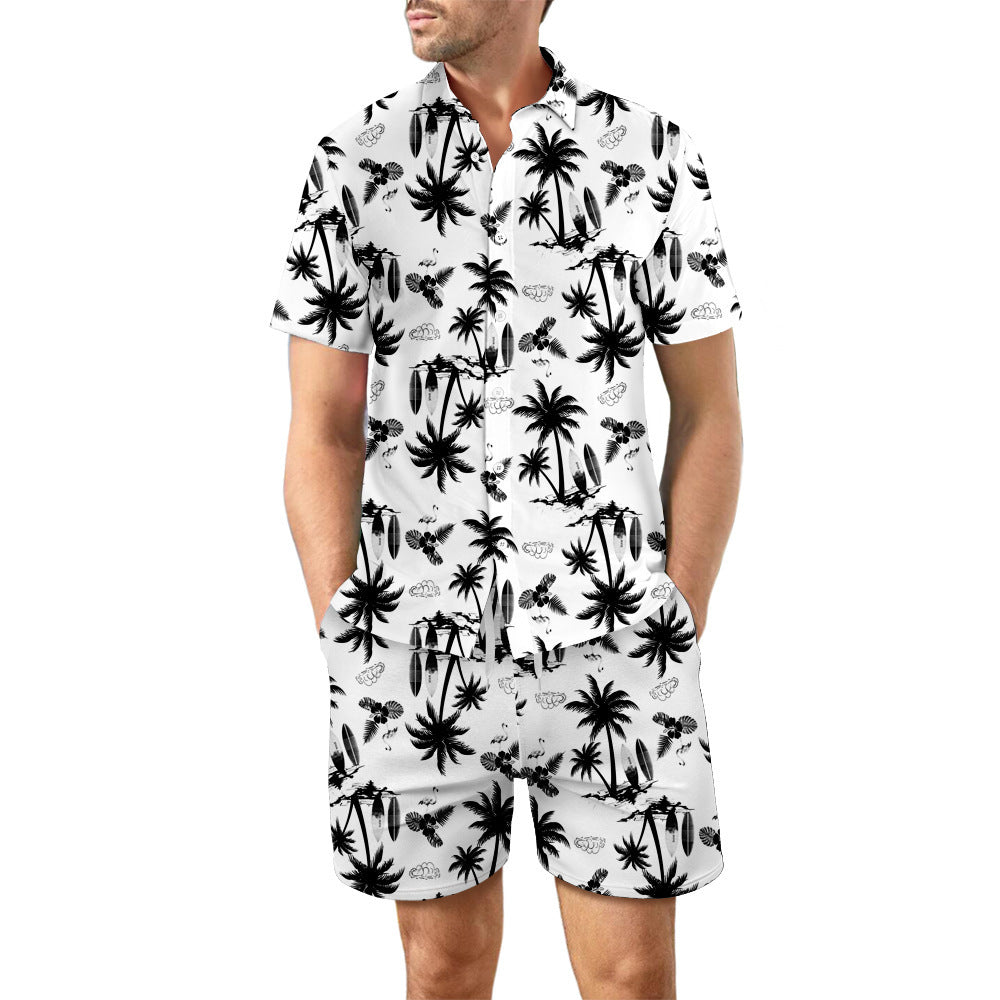 Men's Fashionable Casual Shirt 2Pcs Printed Suit Sets Loose Lapel Button Top Pure Cotton Men's Short Sleeve Shirt - Acquisti Online