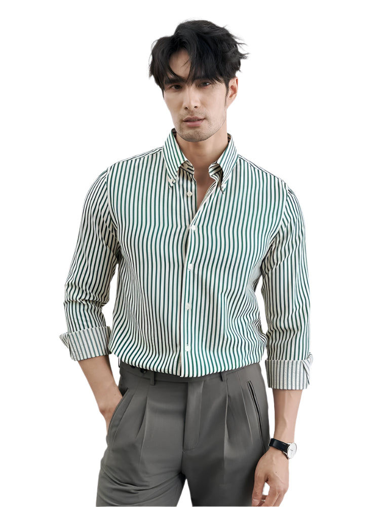 Camicia casual da uomo alla moda, stile business, formale, tinta unita, in poliestere, stile cardigan verticale, a righe, camicia casual da uomo
