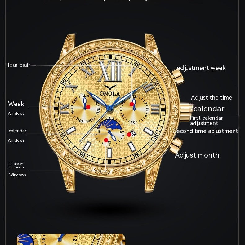 ONOLA 6834 Luxury Man Gold Color Leather Band Watch - Acquisti Online