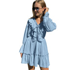 Fashion V Neck Pleated Ruffle Long Sleeve Dress Y2K V Neck Flared Sleeve Short Dress Women's Clothing