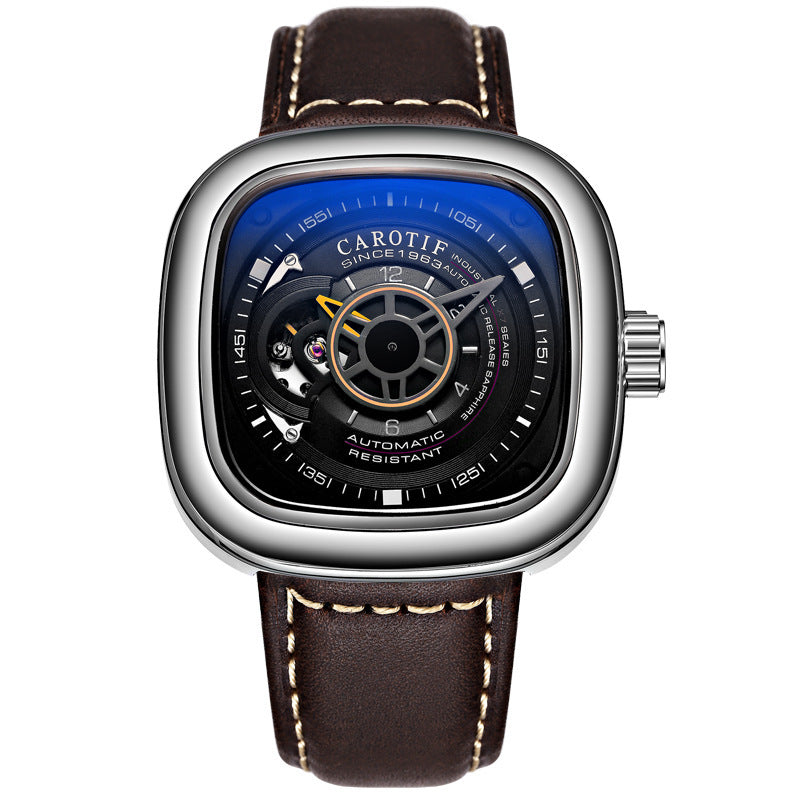 Orologio meccanico automatico da uomo alla moda con quadrante quadrato cavo