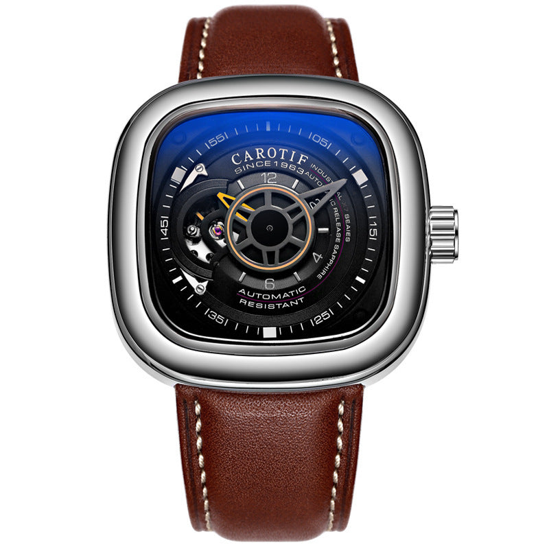Orologio meccanico automatico da uomo alla moda con quadrante quadrato cavo