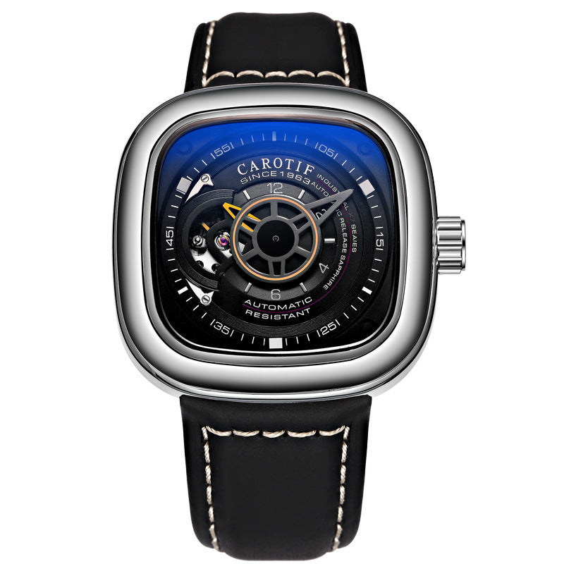 Orologio meccanico automatico da uomo alla moda con quadrante quadrato cavo