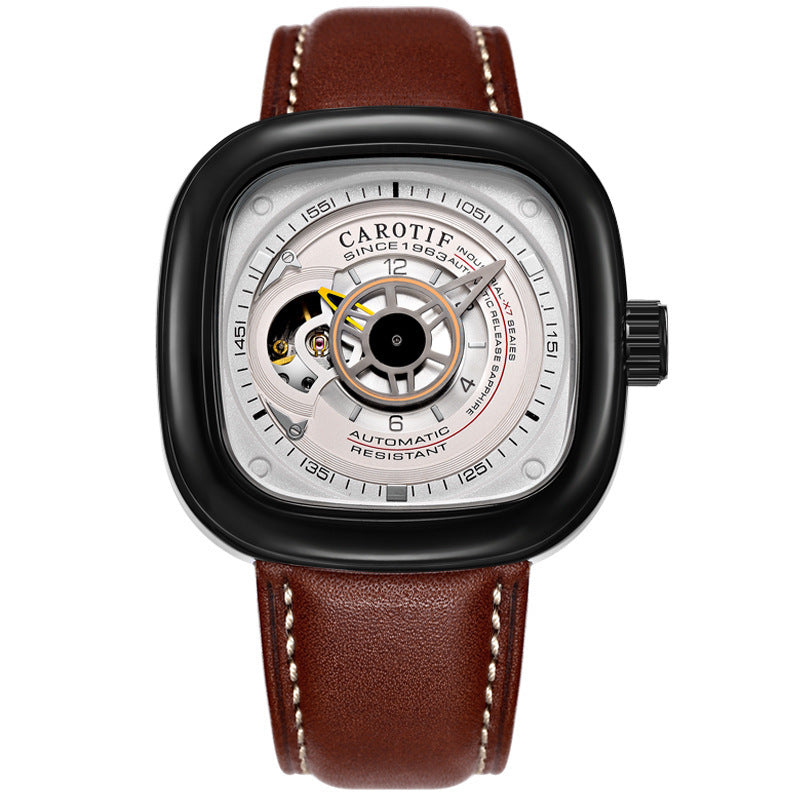 Orologio meccanico automatico da uomo alla moda con quadrante quadrato cavo