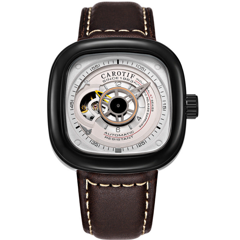 Orologio meccanico automatico da uomo alla moda con quadrante quadrato cavo