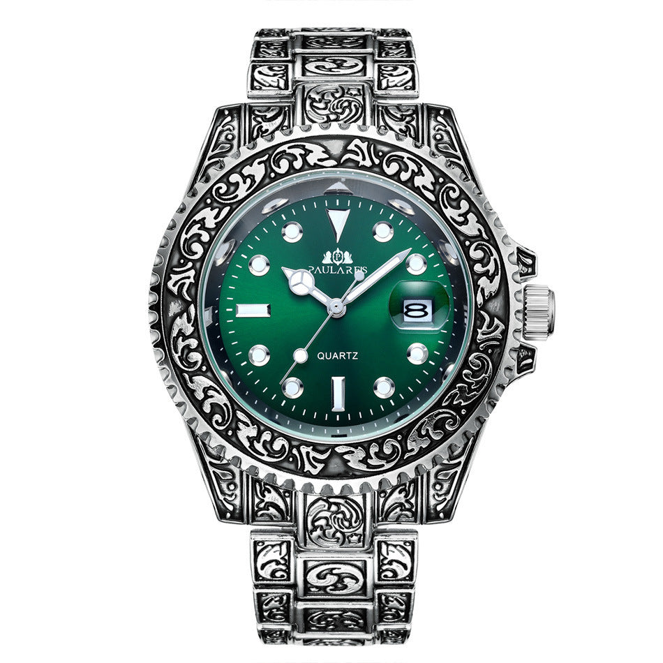 Orologio da uomo luminoso con calendario fantasma intagliato al quarzo e movimento ad acqua