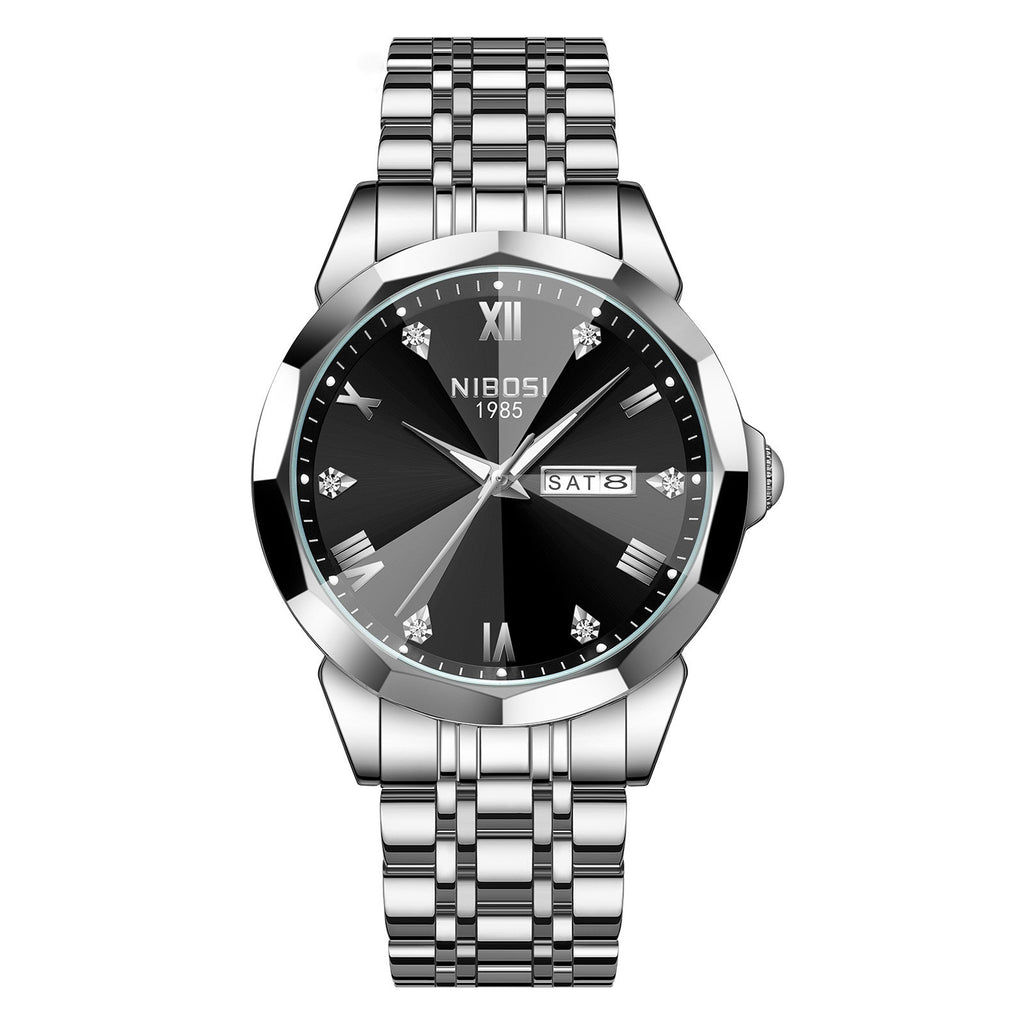 NIBOSI 2623 Orologio di lusso da uomo con specchio a rombo, automatico, data, settimana, impermeabile, orologio da polso luminoso