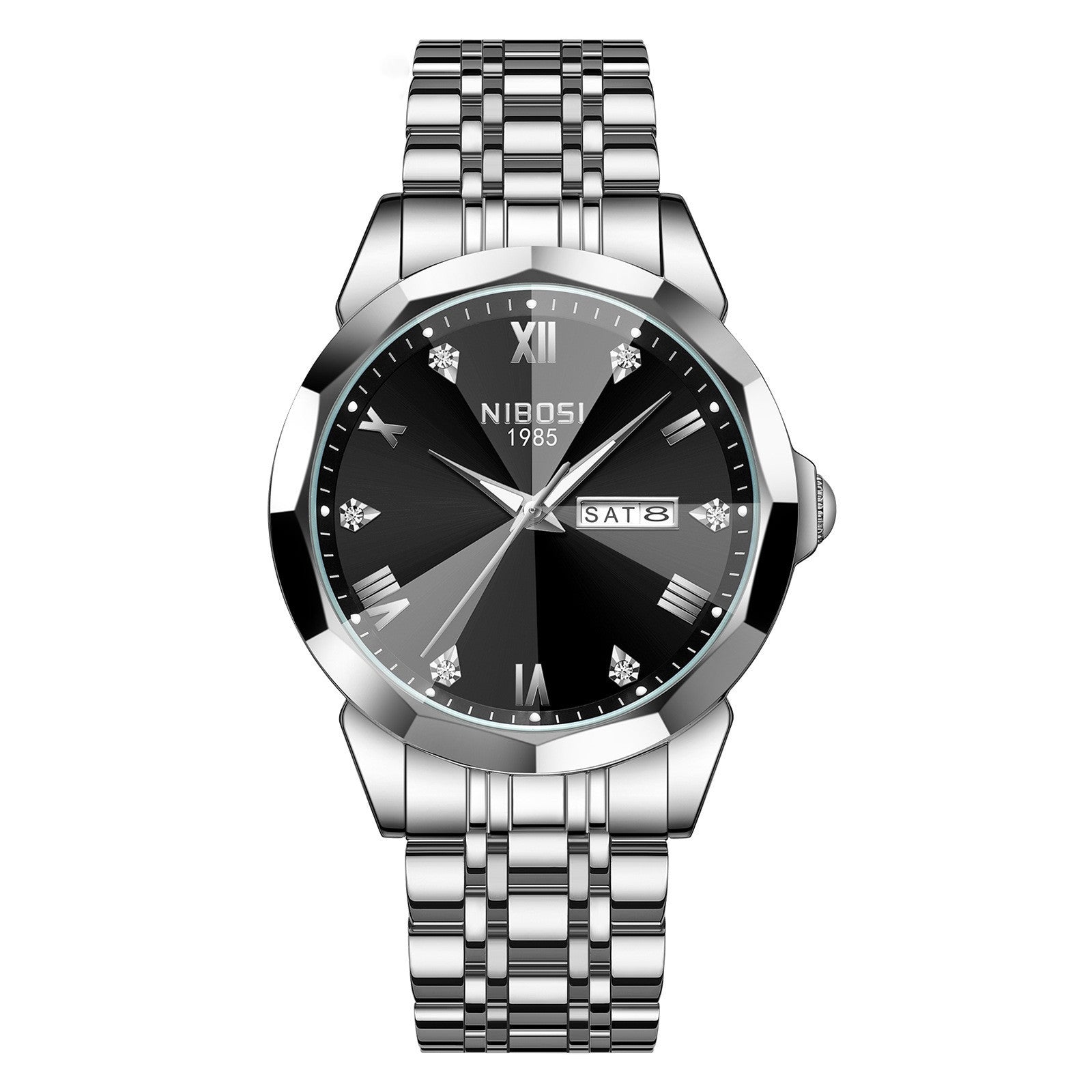 NIBOSI 2623 Orologio di lusso da uomo con specchio a rombo, automatico, data, settimana, impermeabile, orologio da polso luminoso