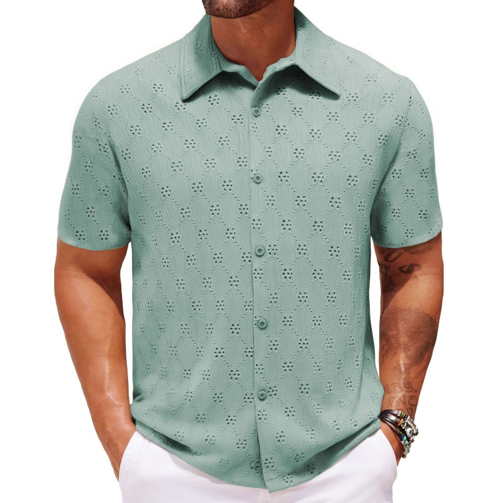 Hollow Jacquard Zomer Casual Korte Mouw Herenoverhemd