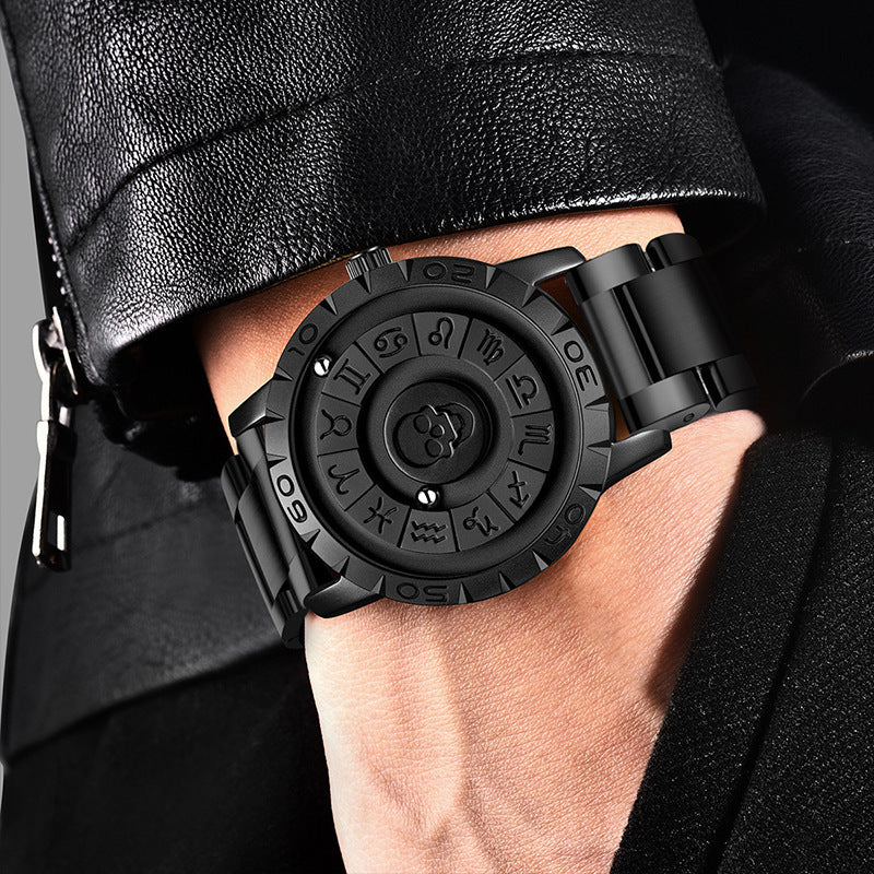 FOXBOX-Men's Magnetic Quartz Wristwatch Creative Scroll Pointer Genuine Leather Watch
