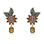 Sunflower full diamond crystal earrings,old antique gold niche design green leaf flower crystal earrings