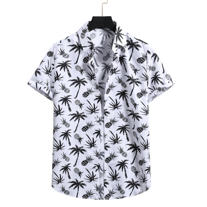 Men's Fashionable Casual Shirt Solid Color Vintage Ethnic Print Short Sleeve Lapel Collar Button Men's Casual Shirt