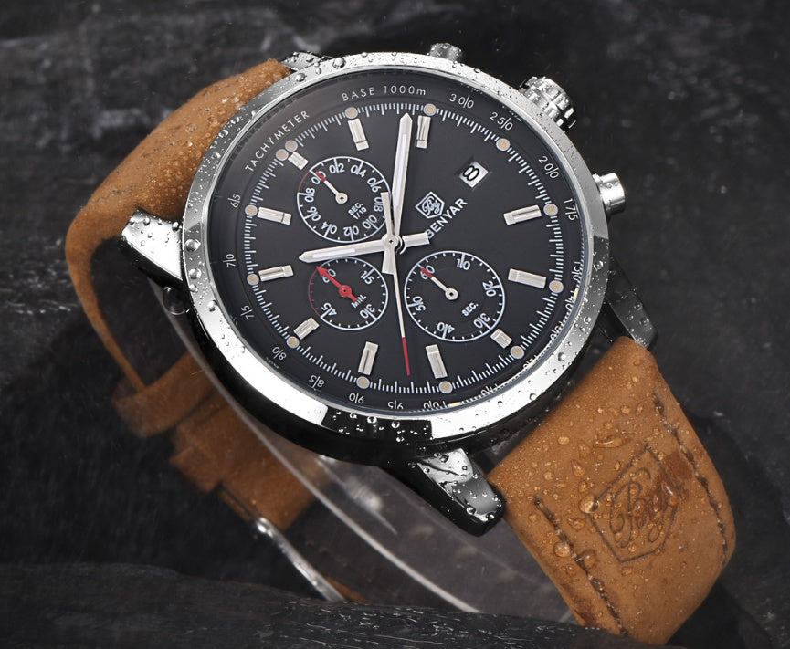 Orginal leather belt Binya Outdoor Sports Three-Eye Belt Men's Watch