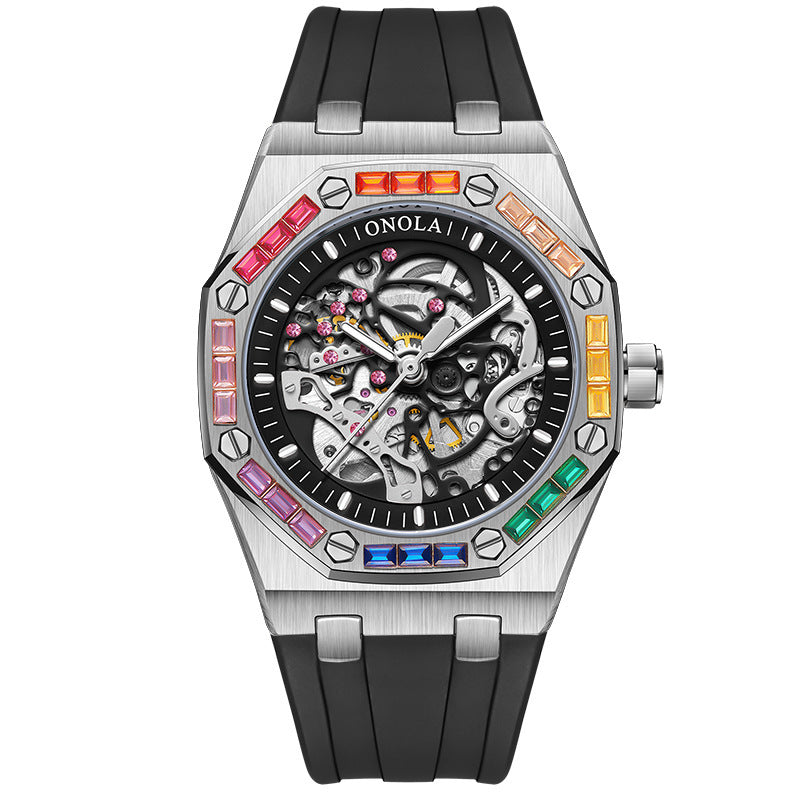 Orologio meccanico automatico da uomo con cinturino in silicone e diamanti arcobaleno