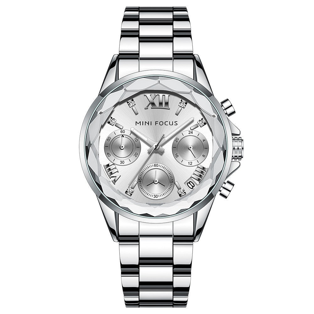 MINI FOCUS Dames Luxe Diamanten Horloge Kalender Roestvrij Staal Casual Elegante Dames Quartz Horloges