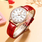2025 OLEVS Women's Classic Luxury Automatic Mechanical Watch Wine Red Leather Strap Fashion Trend watch