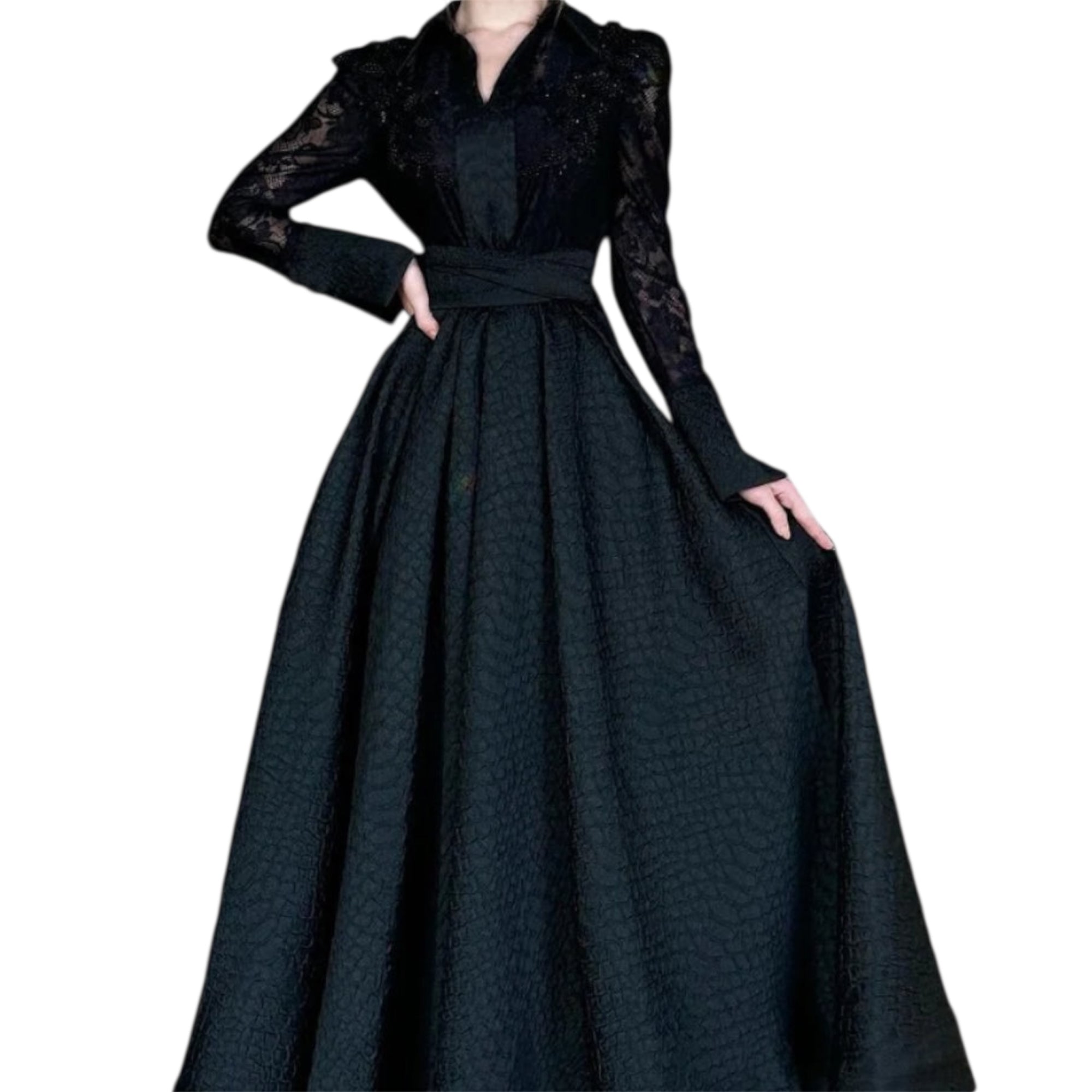 Women's Fashionable White Front Chest Flower Beads Lace Yarn French Style Retro Long Sleeve Fashion Slim Women's Dress