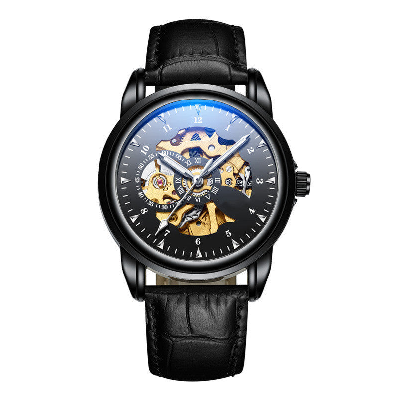 Orologio meccanico luminoso impermeabile in pelle semplice da uomo alla moda