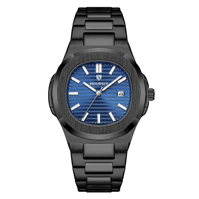 HOURSLY HY1371 Fashion China Man Quartz Watch Exclusive Steel Strap Water Resist Luminous Calendar Casual Men's Watch