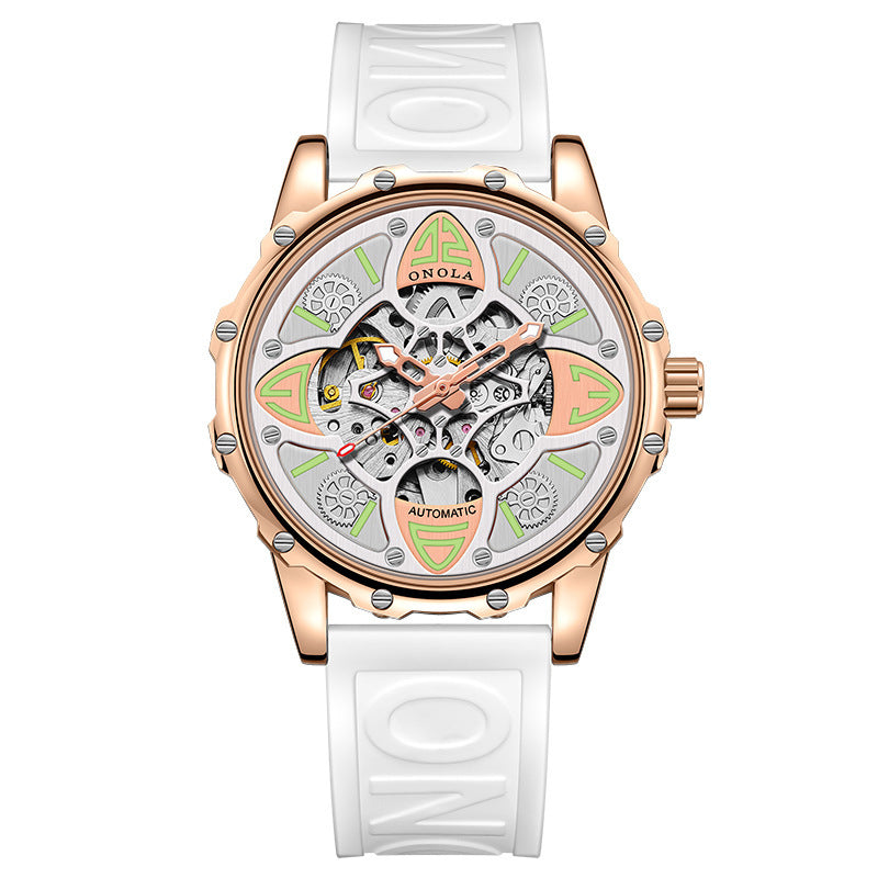 ONOLA Men Automatic Mechanical Watch Lucky Grass Luxury Hollow Out Dial Waterproof Silicone Band Mechanical Watch