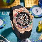 Orologio meccanico automatico da uomo con cinturino in silicone e diamanti arcobaleno