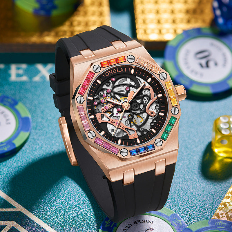 Orologio meccanico automatico da uomo con cinturino in silicone e diamanti arcobaleno
