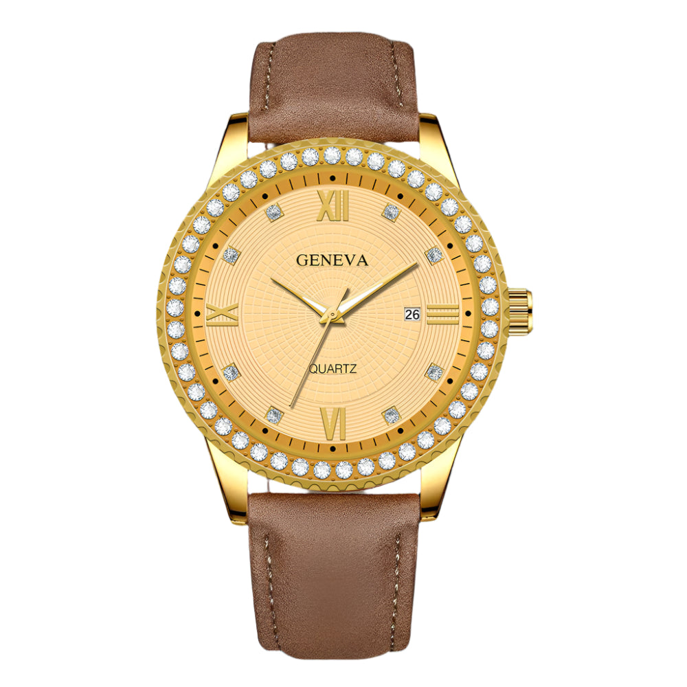 Genève Nieuwe Romeinse Schaal Heren Diamant vervaardigd Kalender Stalen Band Quartz Horloge Roestvrij Staal Heren Quartz Horloge