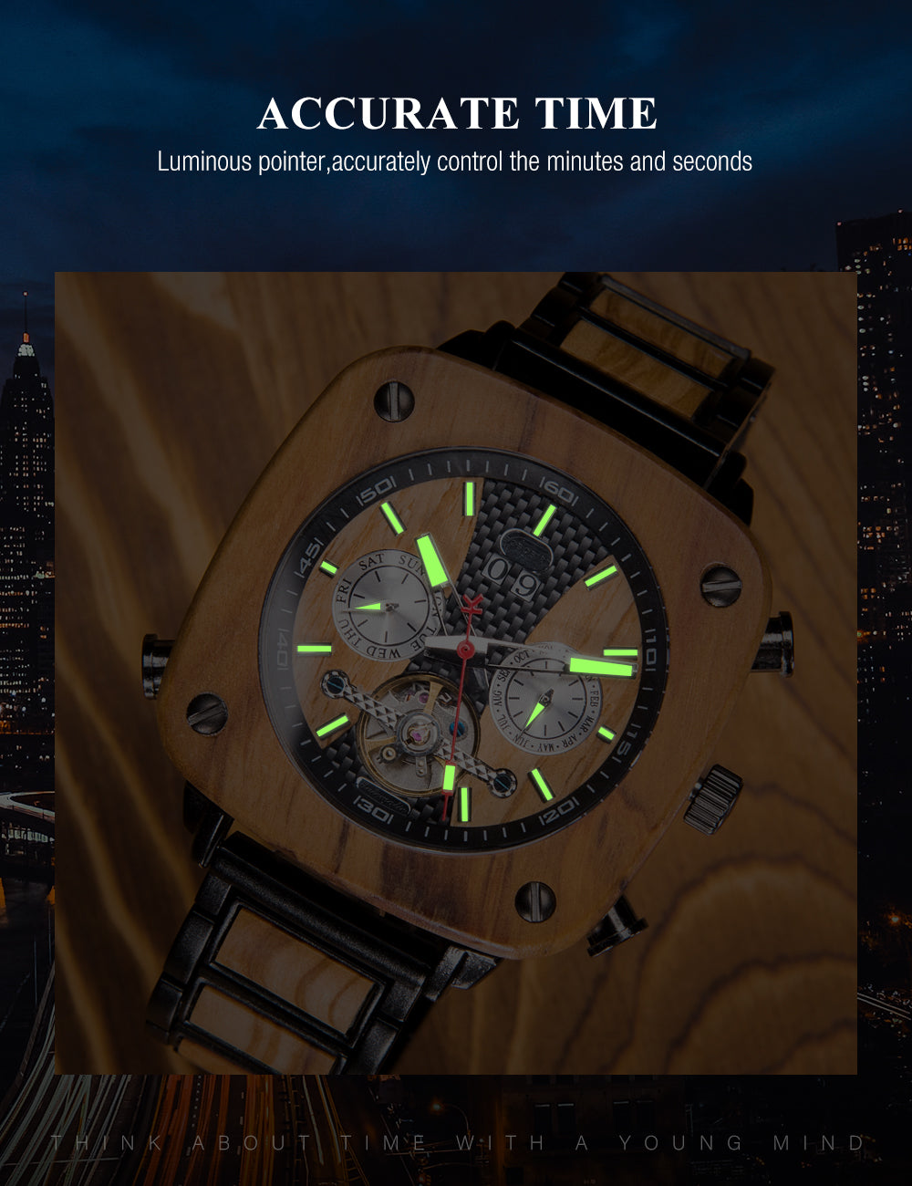 Orologio da uomo in legno meccanico automatico con tecnologia nera e personalità, dalla forma speciale