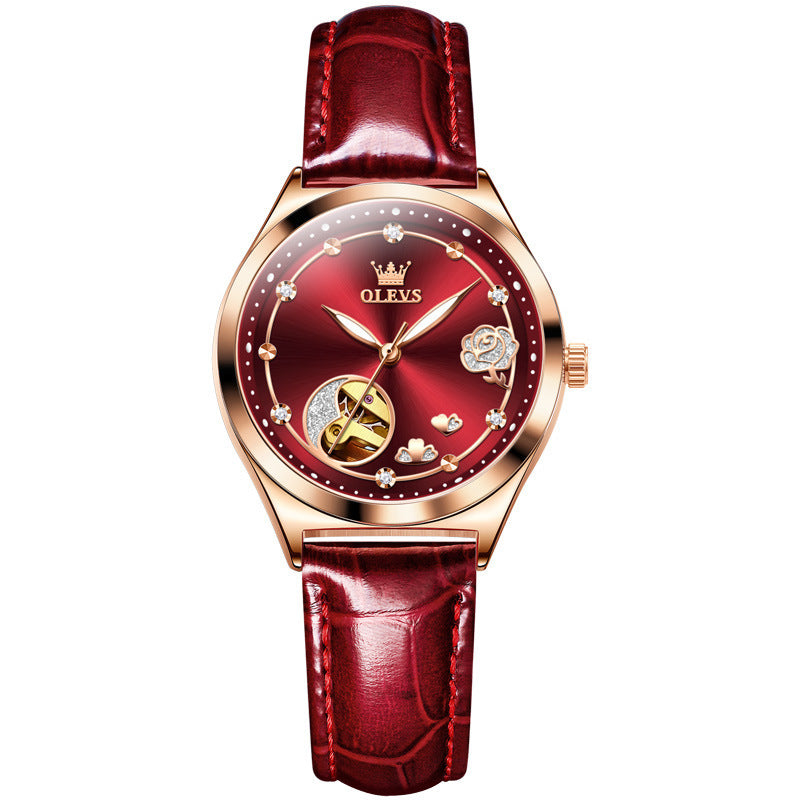 OLEVS Luxury Women's Mechanical Wristwatch Rhinstones Crafted Original Leather Analog Display Mechanical Women Watch